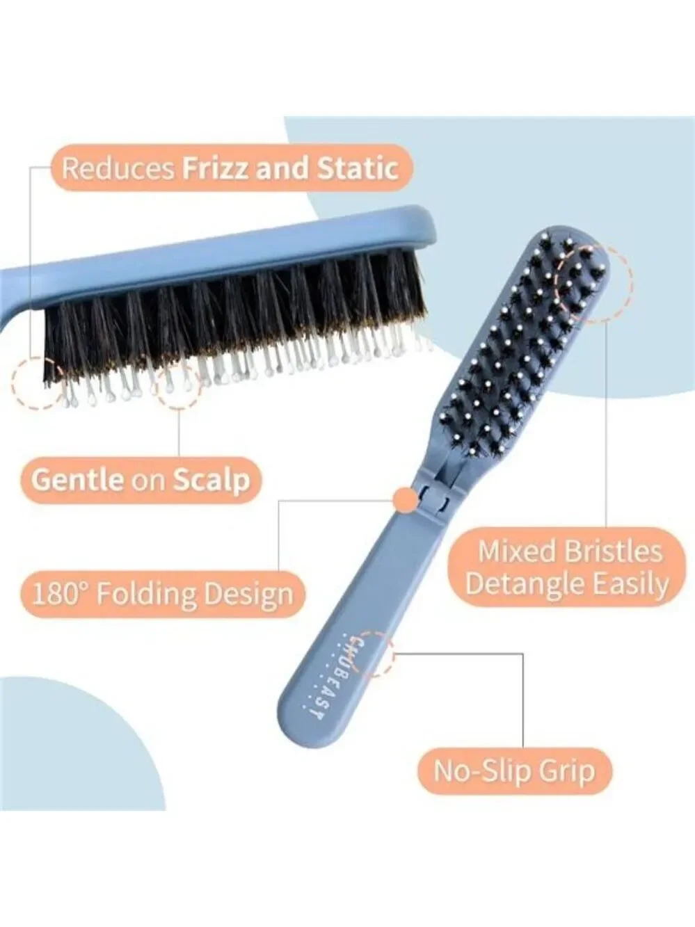 Mini Travel Hair Brush Folding Detangler Boar Bristles Portable Wet Dry Kids Wom
